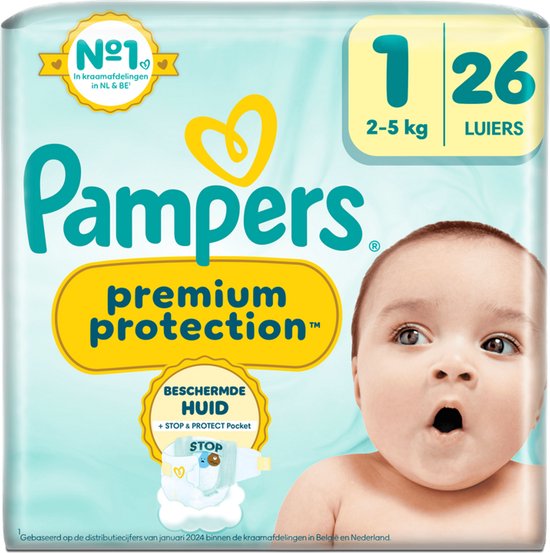 Pampers Premium Protection luier pak maat 1, 26 luiers, 2-5 kg. Een baby kijkt verrast naar de camera.