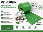 Groene rol Dyna-Band weerstandsband met informatie over de voordelen en specificaties.