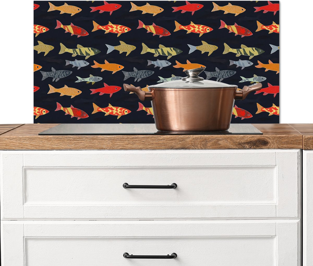 KitchenYeah Spatscherm keuken 90x45 cm Kookplaat achterwand Vissen Patroon Kleurrijk Muurbeschermer Spatwand fornuis Hoogwaardig aluminium