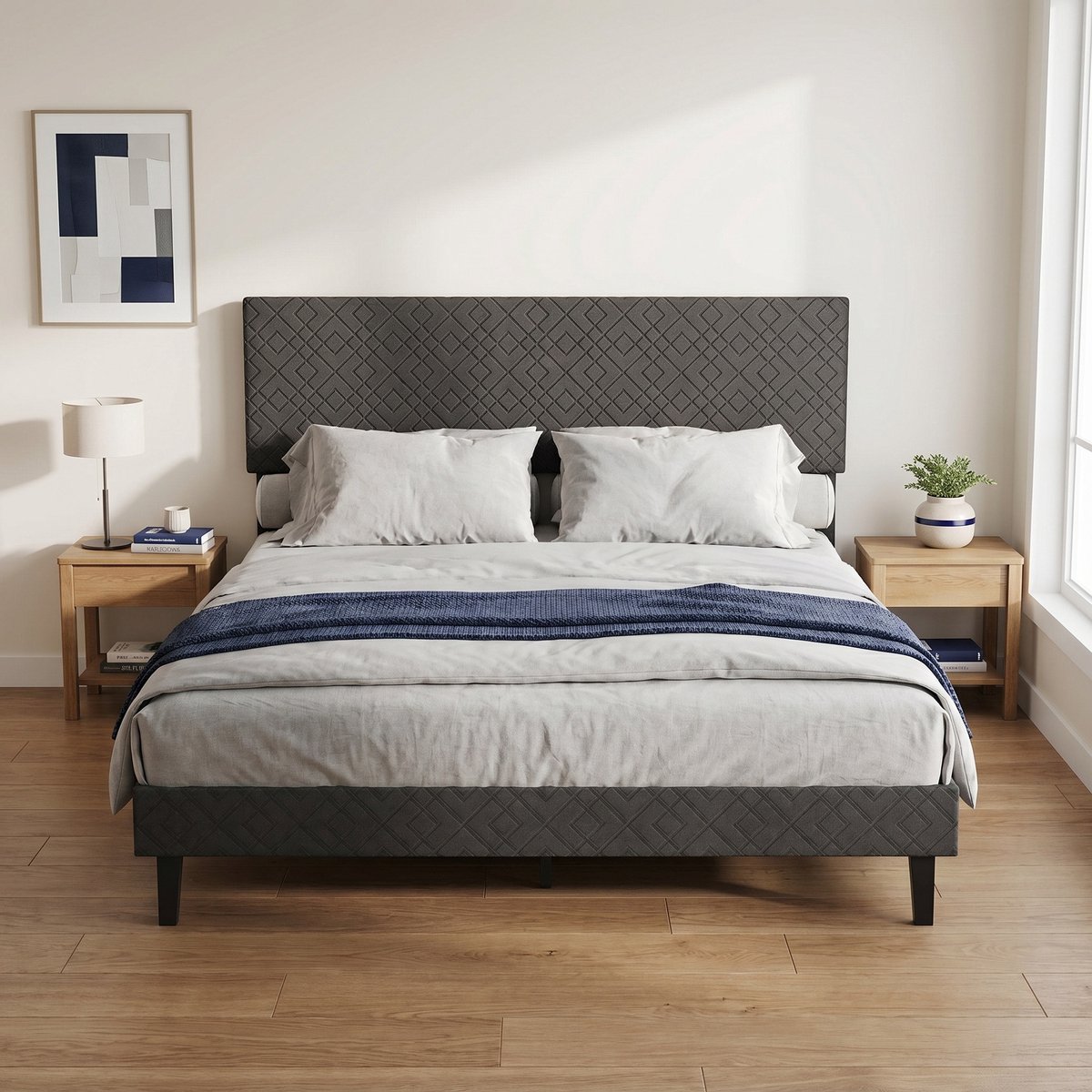 Tweepersoonsbed 160x200 cm - In Hoogte Verstelbaar Hoofdbord - Lattenbodem van Metaal en Hout - Gestoffeerd Bed van Linnen Moderne Stijl - Grijs