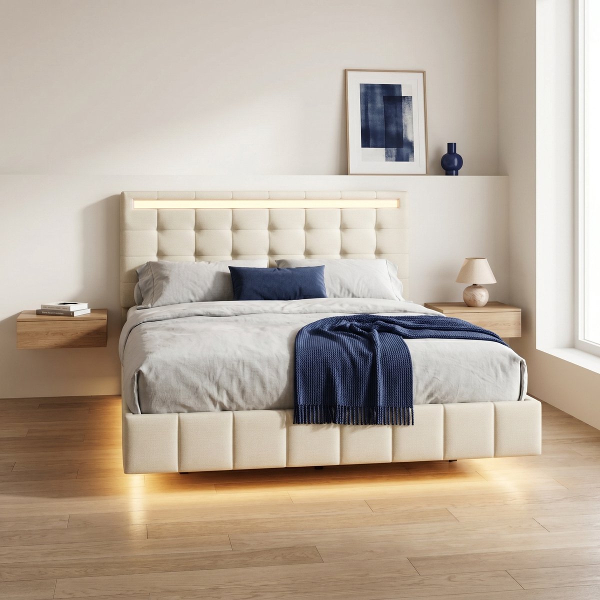Tweepersoonsbed 160x200 cm - Zwevend bed met LED-verlichting en 2 USB-poorten - Gestoffeerd bed van linnen - Moderne stijl - Beige