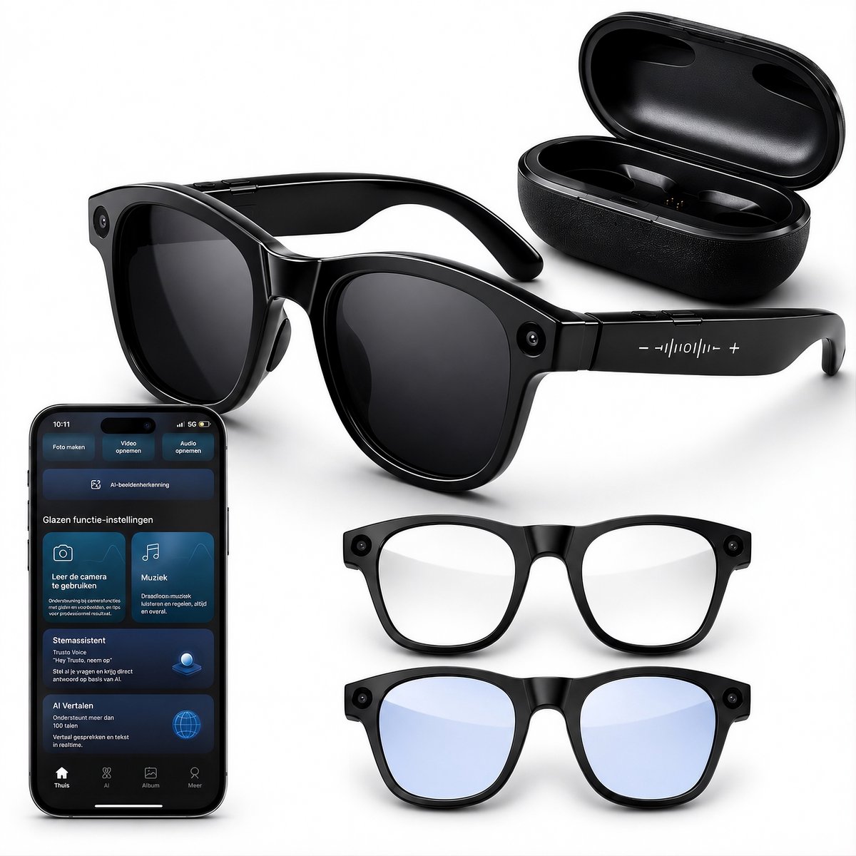 Vosoi Smart Bril met Camera - AI Smart Glasses - Slimme Bril met 8MP Camera - Ai bril - 3 Sets glazen - Inc. Oplaadhoes - Spycam - Spy Camera WiFi met App