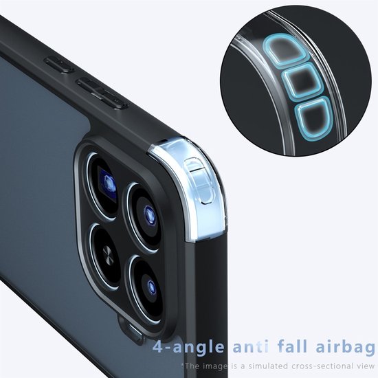 Détail d'angle d'une coque de téléphone transparente avec bordure noire et '4-angle anti fall airbag' pour la protection.