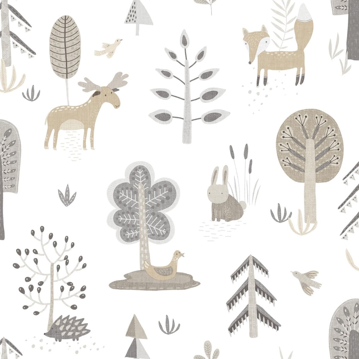 Behang - Bosdieren - Scandinavisch - Peuterkamer - Beige Grijs - Kinderkamer - Dierenbehang - Eland Vos Konijn - 0,53 x 10,05 M - Happy