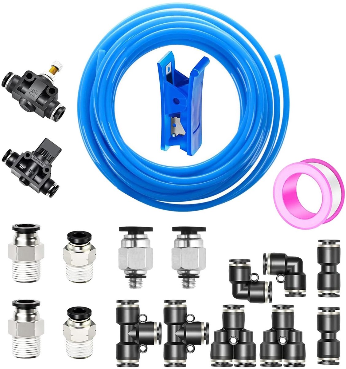 Dailygoods- Luchtslang 10 meter - Polyurethaan (PU) - 6 mm x 4 mm - Hoge flexibiliteit - Inclusief connectors - Blauw - Persluchtslang