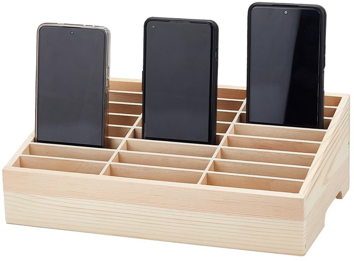 Dailygoods- Telefoonopbergdoos 24 Grid - Houten Organizer - Mobiele Telefoon Management - Desktop Kantoor - Vergadering - Afwerking 30,8x19x10,5 cm - Telefoonhouder
