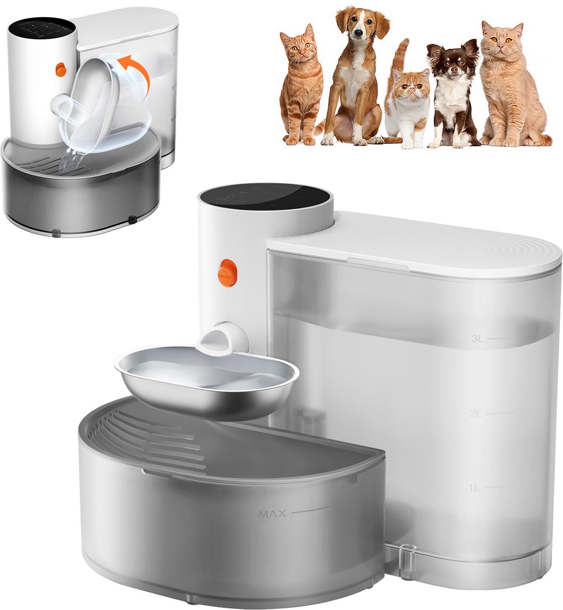 SHANNA - Draadloze Drinkfontein Kat Dubbelreservoir - Waterdispenser met oplaadaccu & scheidingssysteem - Zonder filter - 3,5L Waterfontein Kat - Kattenfontein - Fluisterstil - RVS drinkbak