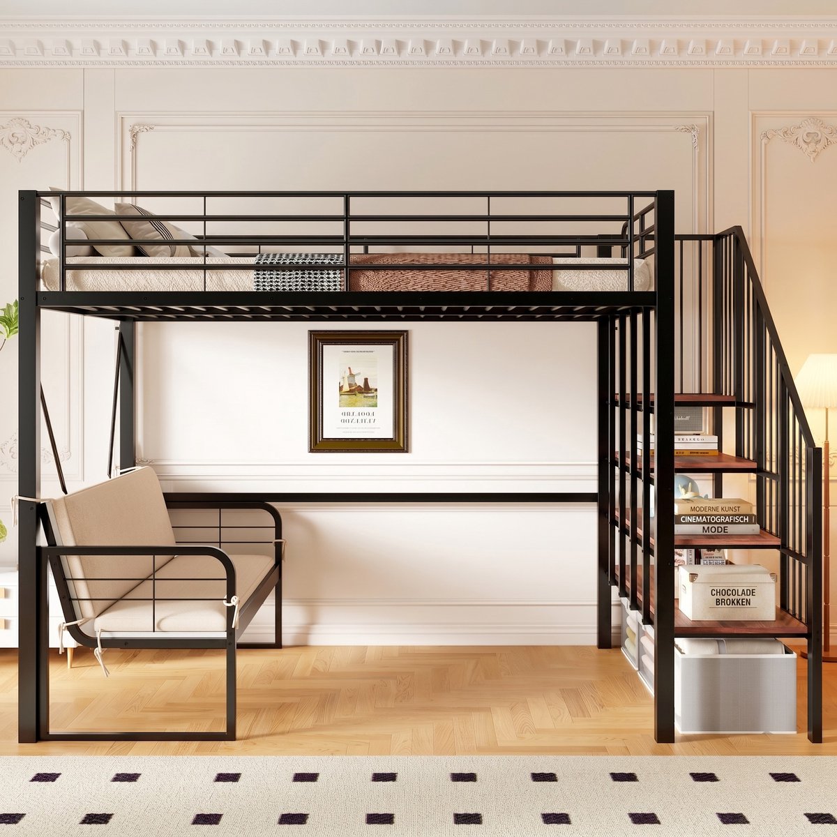VVBV Stapelbed 140x200 / Stapelbed met opbergruimte / Stapelbed met trap – met Ladder – Metaal – Zwart – Kinderstapelbed met Opbergtrap en Opbergruimte Black