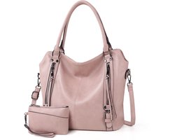 TANTOMI Dames Tassen – Handtas en Schoudertas met Kleine Portemonnee – 2-delige Set – Grote Shopper – Tote Bag – Ruime Capaciteit – Tijdloos Vintage Design – Synthetisch Leer - Roze