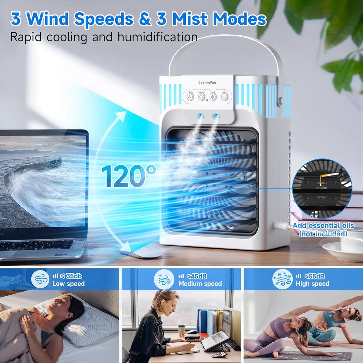 1200 ml mobiele airconditioner met afstandsbediening, 5-in-1 mobiel luchtkoelsysteem, 3 snelheden, 3 sproeistanden, 7 kleuren licht, 2-8 uur timer, mini-airconditioner voor kamer/kantoor — afbeelding 5