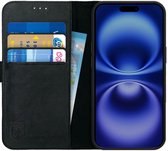 Rosso Deluxe Echt Leer Hoesje Geschikt voor Apple iPhone 16 Pro | Ruimte voor drie pasjes | Portemonnee Book Case | Met Pasjeshouder | Zwart