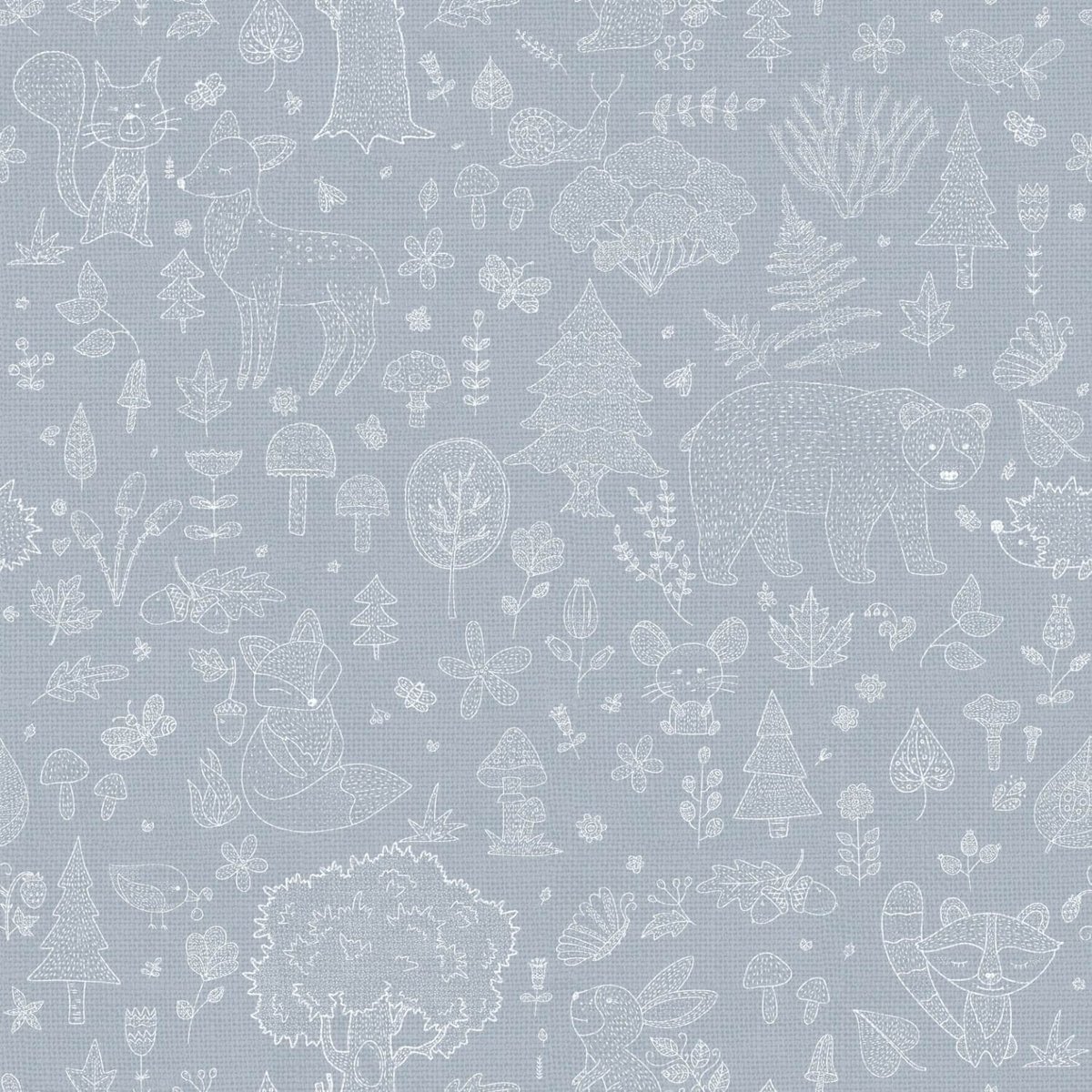 Behang - Bosdieren - Kinderkamer Jongen - Grijs Blauw - Babykamer - Dierenbehang - Beer Hert Vos - 0,53 x 10,05 M - Happy