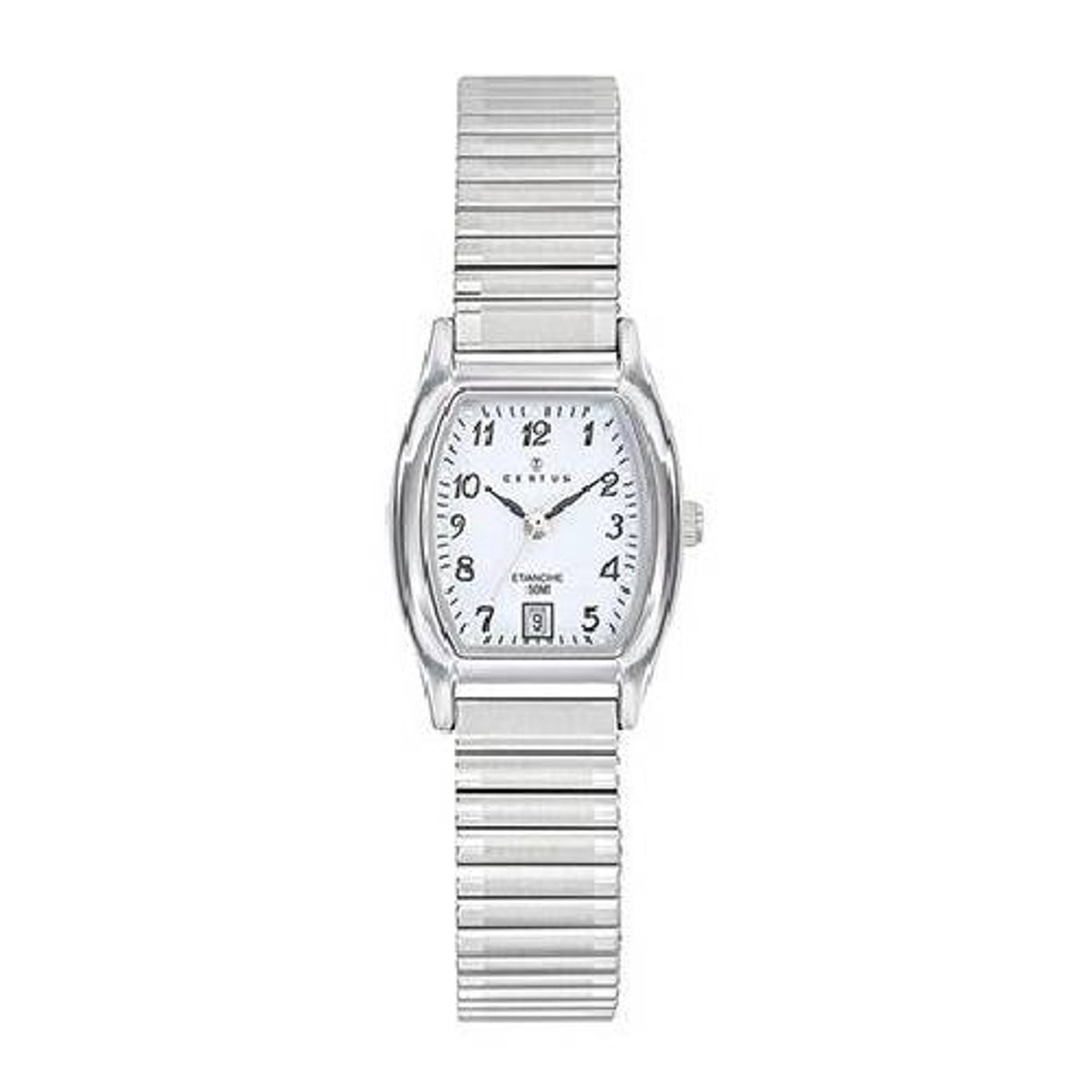 Certus-dameshorloge-rechthoekig/ovaal-rekbare band-verstelbare band-datum-hoog draagcomfort-zilverkleurig-5 atm waterdicht-duidelijke wijzerplaat-28 x 21 mm-made in France