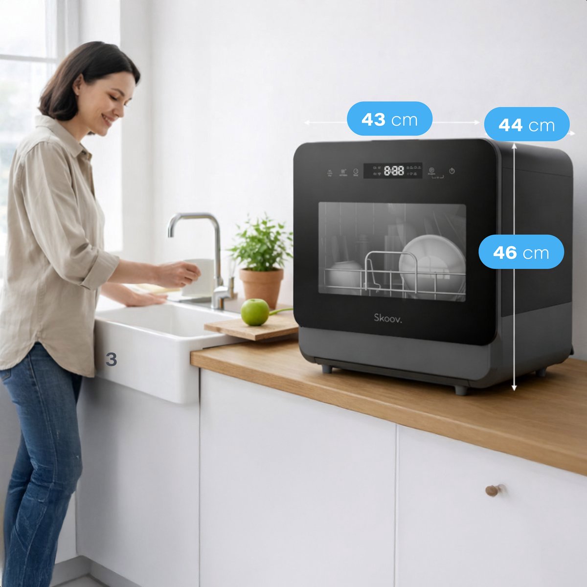 Skoov Vrijstaande mini vaatwasser met waterreservoir - Afwasmachine vrijstaand - Dishwasher - Vaatwas - Met bestekmand - Kleine vaatwasmachine - Smalle - Tafel - Camping - Zwart - Compact - 3 Couverts - 7 wasprogramma’s thumbnail 5