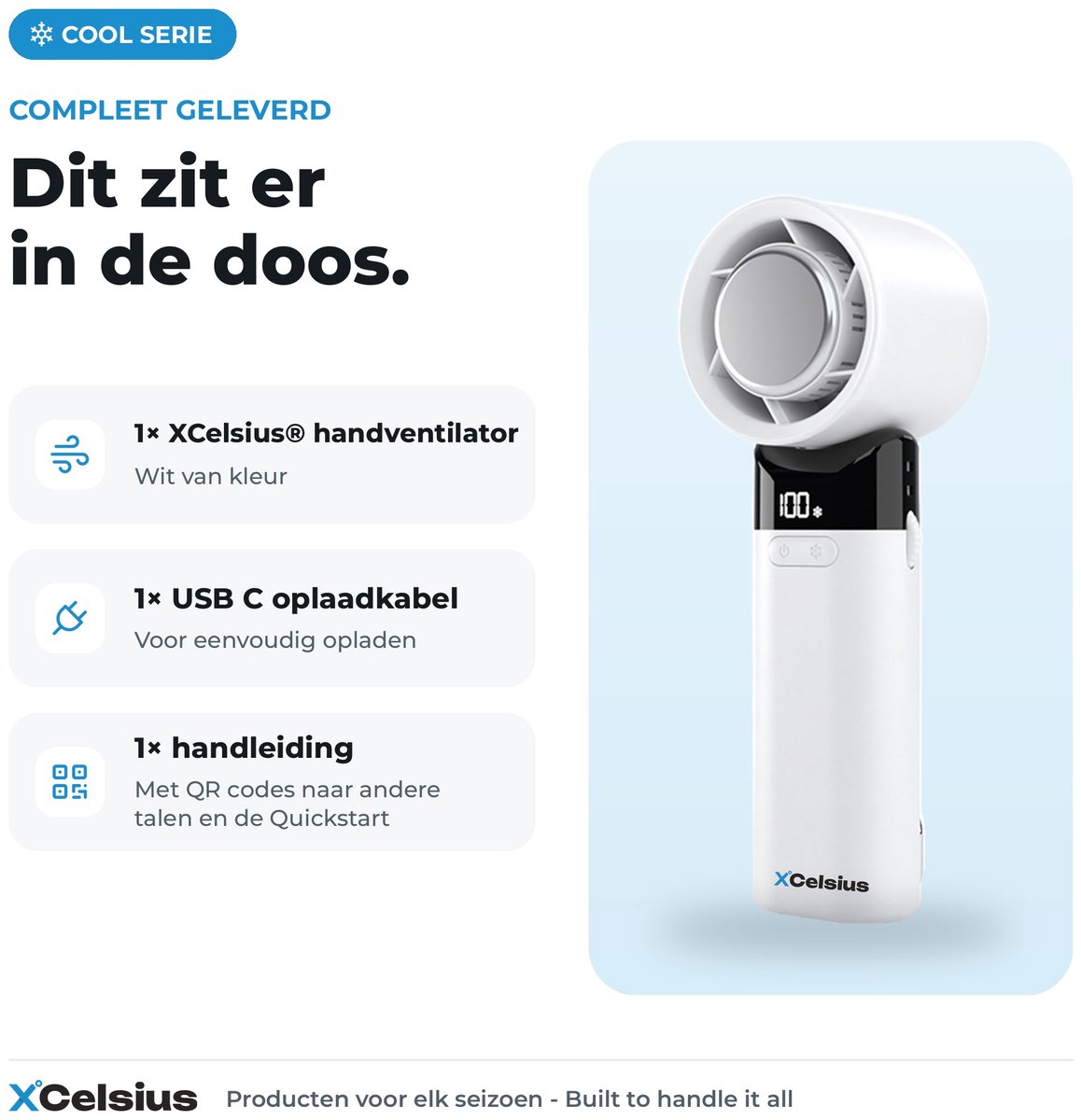 XCelsius® Handventilator - Draagbare Mini Ventilator Opvouwbaar - Oplaadbaar met USB-C - 0% tot 100% traploos instelbaar - Met Instant Koelplaat - Wit — afbeelding 7