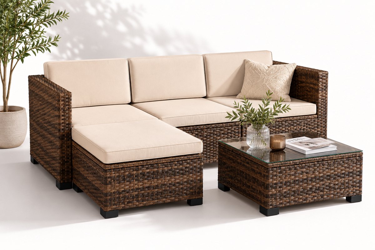 Jurrys Loungeset - Tuinmeubels - Hoekbank - Tuinset - 5 Delig - Comfortabel - Weerbestendig - Inc Kussens - Beige - 188x120x61cm