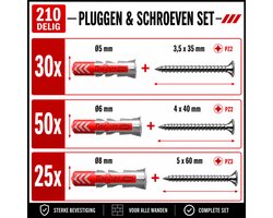 Fischer pluggen en kruiskop schroeven set | Assortiment | Tornitrex | Duopower | 105 sets - 210 stuks