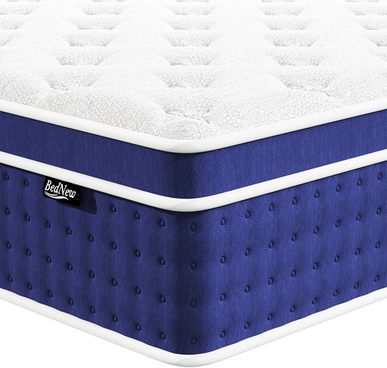Zijaanzicht van een dik matras met witte bovenkant en blauwe, met knopen versierde zijkanten. BedNew logo.