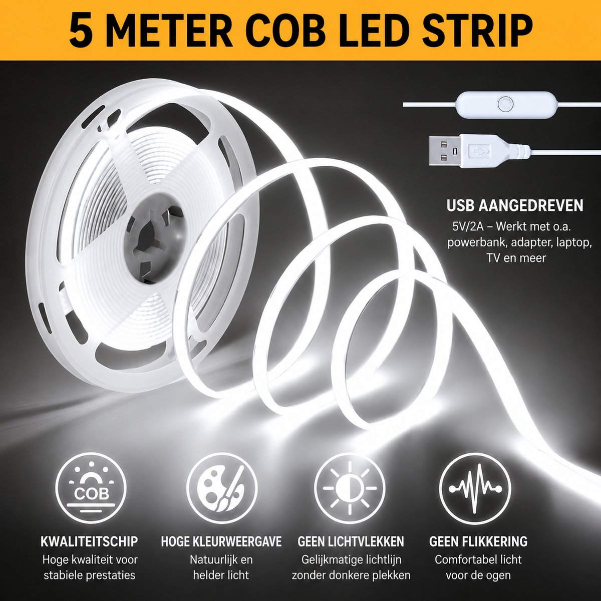 COB LED Strip 5 Meter - USB - Koud Wit 6500K – COB LED - knipbaar op maat - - aan/uit schakelaar - Verlichting voor Helder en Modern Licht - voor tv-computer - kast - gamekamer led