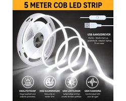 COB LED Strip 5 Meter - USB - Koud Wit 6500K – COB LED - knipbaar op maat - - aan/uit schakelaar - Verlichting voor Helder en Modern Licht - voor tv-computer - kast - gamekamer led