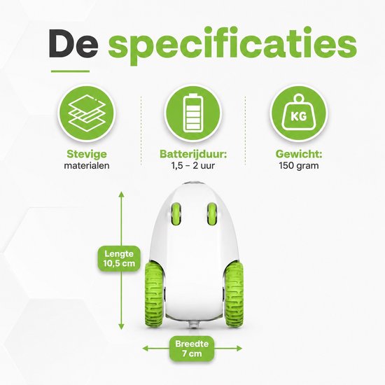 Specificaties: Stevige materialen, Batterijduur 1,5-2 uur, Gewicht 150 gram, Lengte 10,5 cm, Breedte 7 cm.