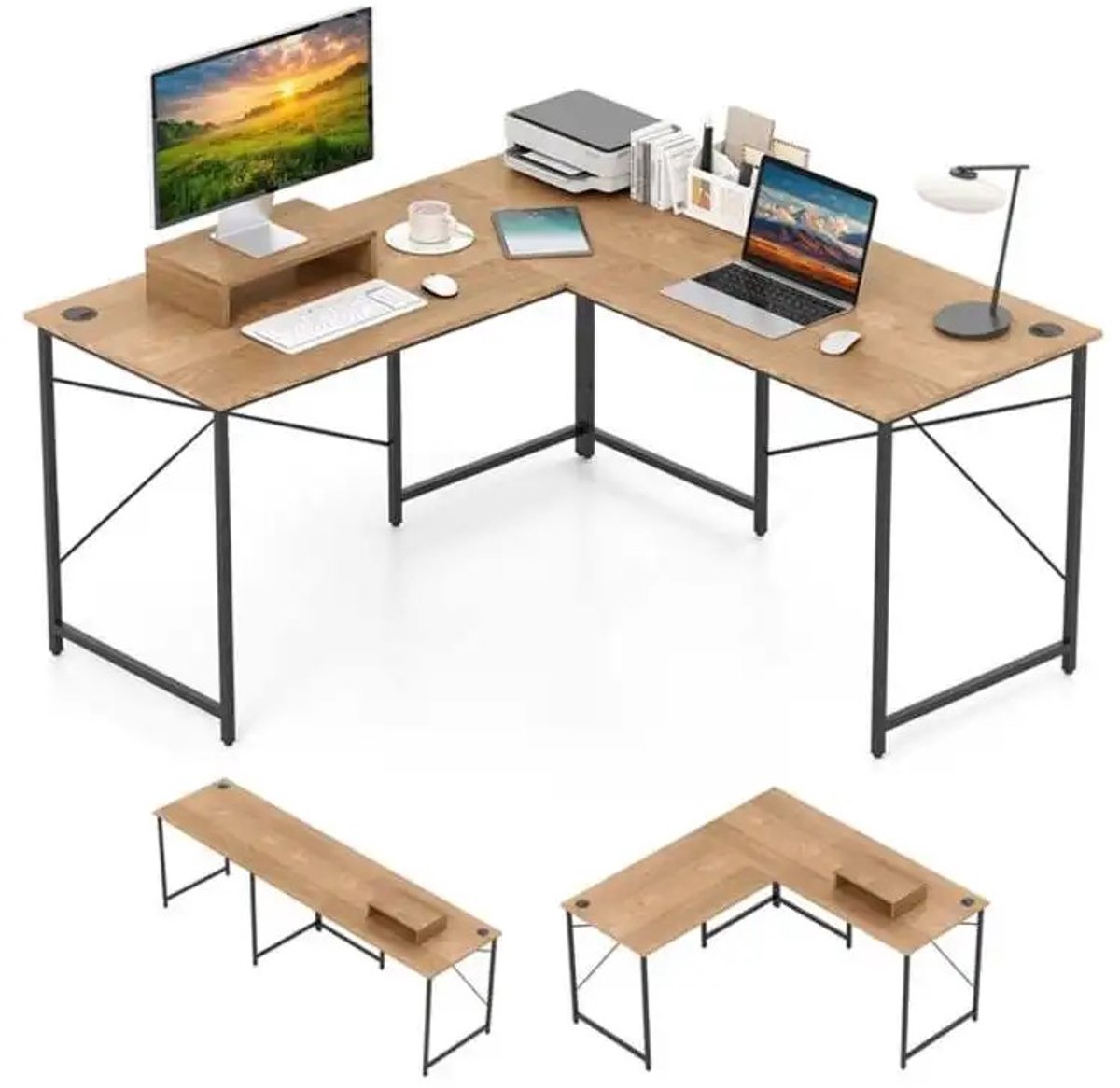 JHUBERS - Dailygoods L-vormig computerbureau, omkeerbaar hoekbureau met afneembare monitorstandaard, natuurlijke afwerking
