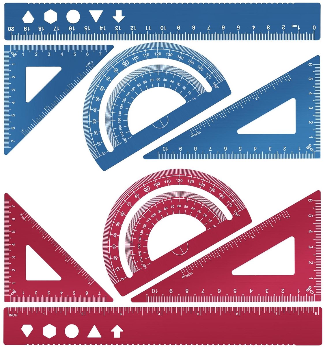 BRENZOOS- Geometrieset 8-delig - Aluminium Legering - Meetlat 20 cm - Geodriehoek - Protractor - Lichtgewicht en Duurzaam