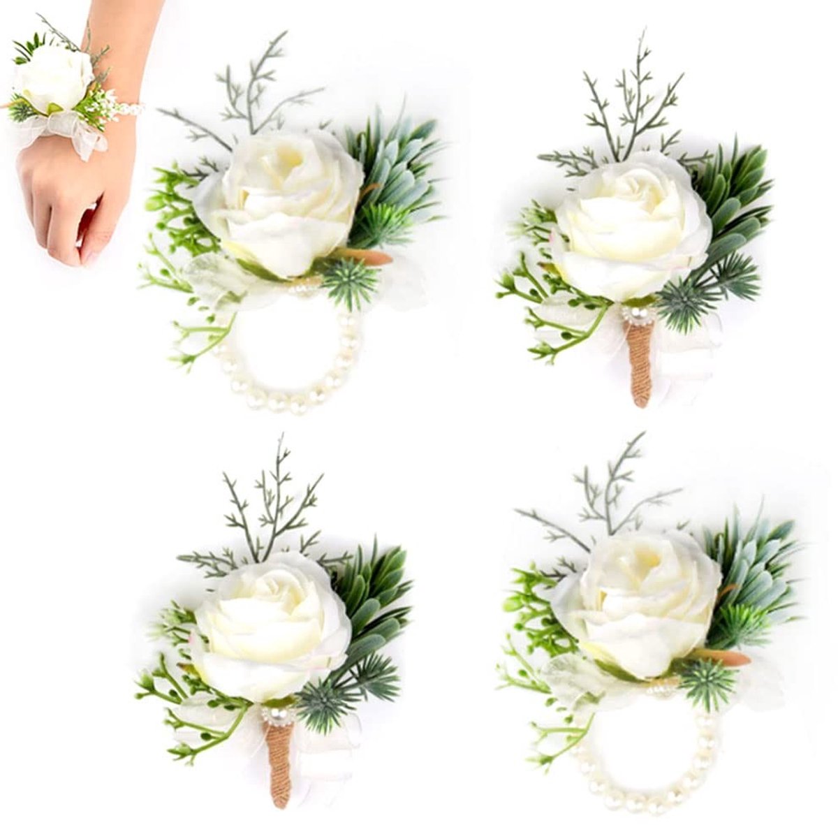 BRENZOOS- Boutonniere 4 Stuks - Kunstrozen Bloem - Bruidsbroche - Bloem voor Pols - Bruidegom Accessoires - Romantisch en Delicaat - Bruiloftsaccessoires