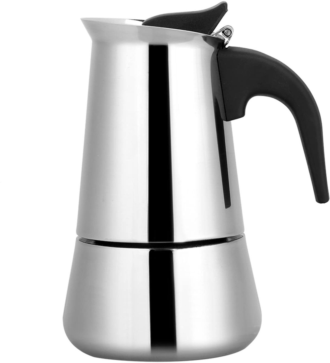 JHUBERS- Moka Koffiezetapparaat Draagbaar Roestvrij Staal Ergonomische Greep Inhoud 100 200 300 450 ml Brede Bodem