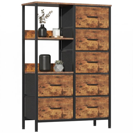 Ladekast / Opbergkast voor Slaapkamer, Woonkamer & Hal – Hoge Kast – Met 7 Stoffen Lades & 2 Open Planken – Ruimtebesparend, Stabiel & Industrieel - Metaal & MDF - Vintage Bruin / Zwart - 80x30x116 cm