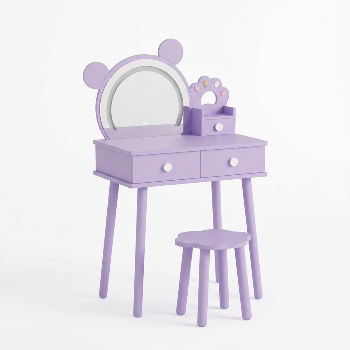 Houten kaptafel voor kinderen met led-spiegel in de vorm van een teddybeer – Prinsessen make-uptafel met opberglades en krukje – Meisjeskamermeubels – Paars