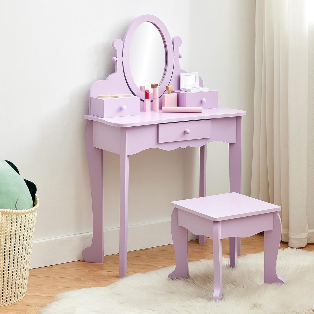 Kaptafel - Houten kinderkaptafel met kantelbare spiegel en krukje - Make-uptafel voor meisjes van 4-9 jaar, paars, zonder verlichting