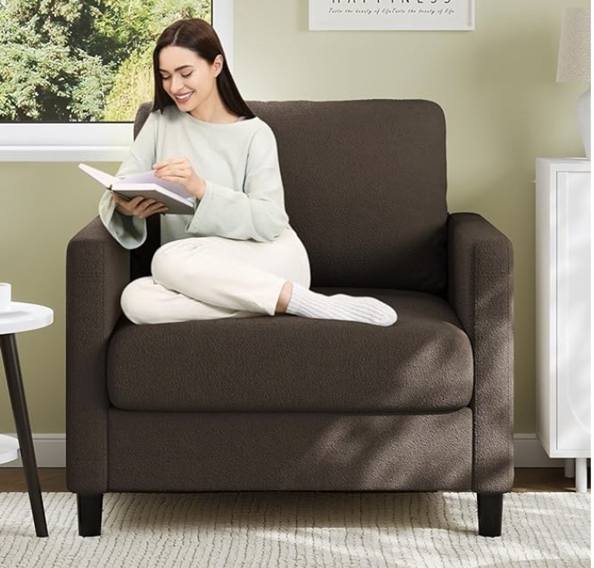 Fauteuil met Teddy Stof - Comfortabele Loungestoel - Bruin - Pocketvering Zitting (19 cm) - Modern Design voor Woonkamer & Slaapkamer - Belastbaar tot 200 kg