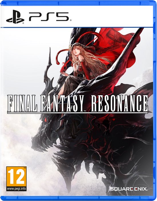 PlayStation 5-hoes van Final Fantasy: Resonance met een vrouw op een draak. PEGI 12-rating.