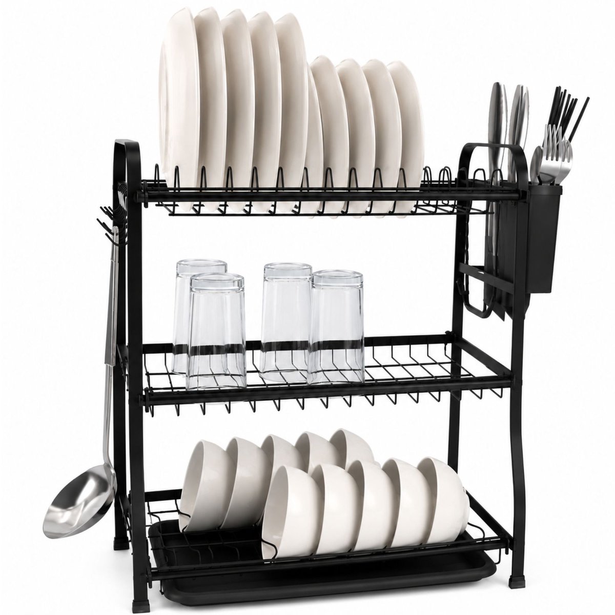 Luxaliving Afdruiprek 3 Laags – Afwasrek met Lekbak en Bestekhouder – Ruimtebesparend Droogrek voor Keuken – Zwart Metaal – 43 x 27 x 55 cm
