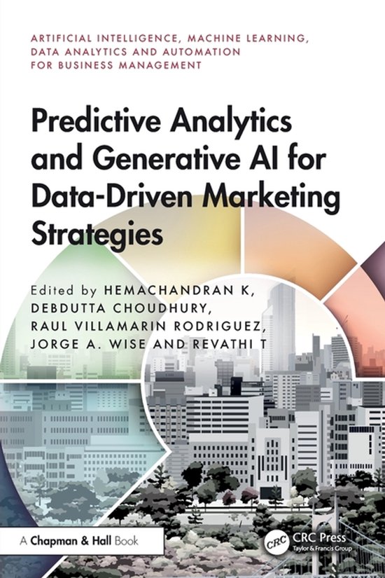 Boek: Predictive Analytics and Generative AI for Data-Driven Marketing Strategies. Met gebouwen en stadsgezicht op de achtergrond.