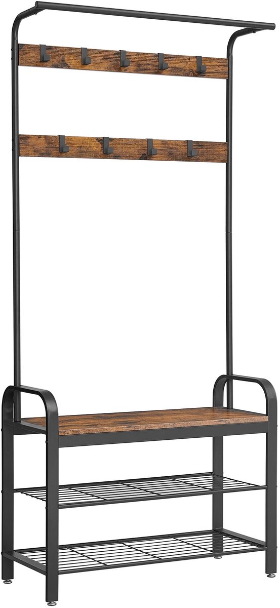 Noventra - kapstok - kapstok met schoenrek - kledingrek - schoenrek - 9 haken - vintage bruin - zwart - modern design