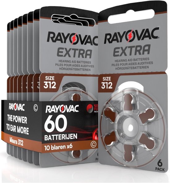 Rayovac Extra batterijen, maat 312, 6 stuks verpakt in blisterverpakking. Zes verpakkingen op de achtergrond.