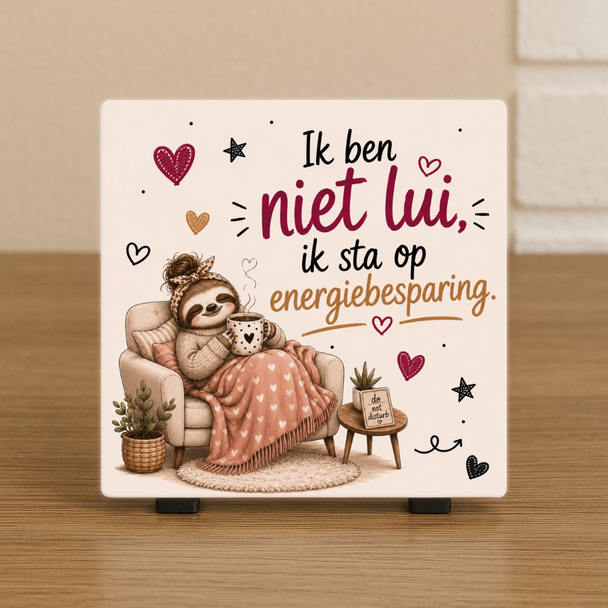 Wenstegeltje - Ik ben niet lui. Ik sta op energiebesparing – Luxe Cadeautegel met Tekst – Perfect Cadeau - Trendy nu - Keramiek – Zomaar – Cadeau – Incl standaard