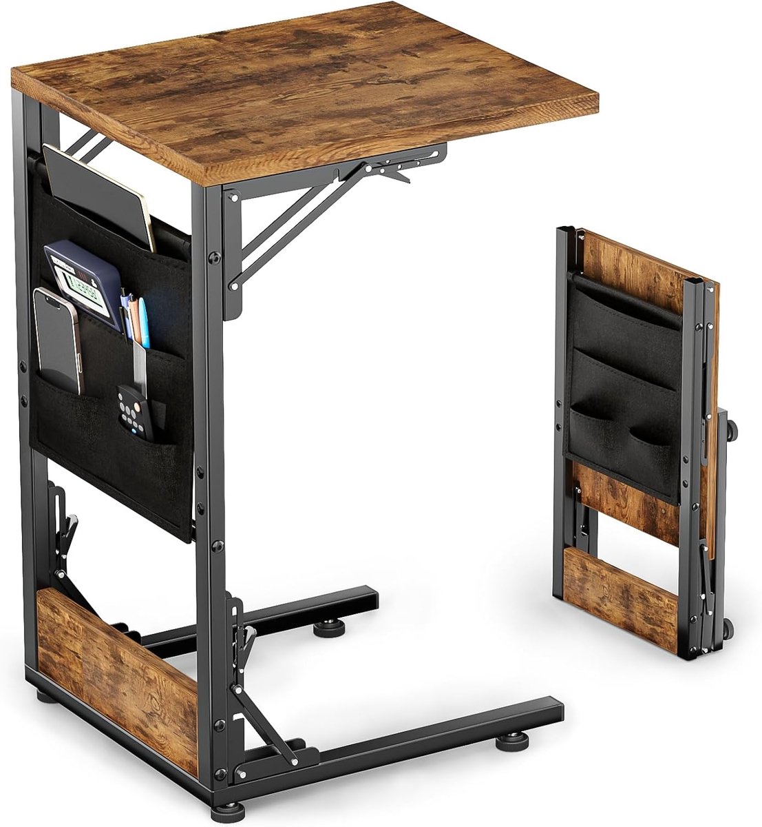 C-vormige bijzettafel - Klaptafel opbergvak - Ruimtebesparend wonen - Inklapbaar metaal frame - 30 x 40 x 64.5cm - Bruin