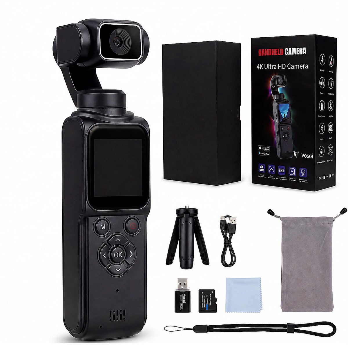 Vosoi Pocket Camera 4K Ultra HD - Action Camera met 330° Draaibare Lens - Vlogcamera - 64MP - Gezichtstracking - WiFi - Touchscreen - 32GB SD-Kaart