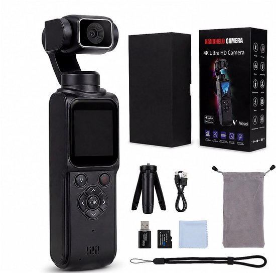 Vosoi Pocket Camera 4K Ultra HD - Action Camera met 330° Draaibare Lens - Vlogcamera - 64MP - Gezichtstracking - WiFi - Touchscreen - 32GB SD-Kaart