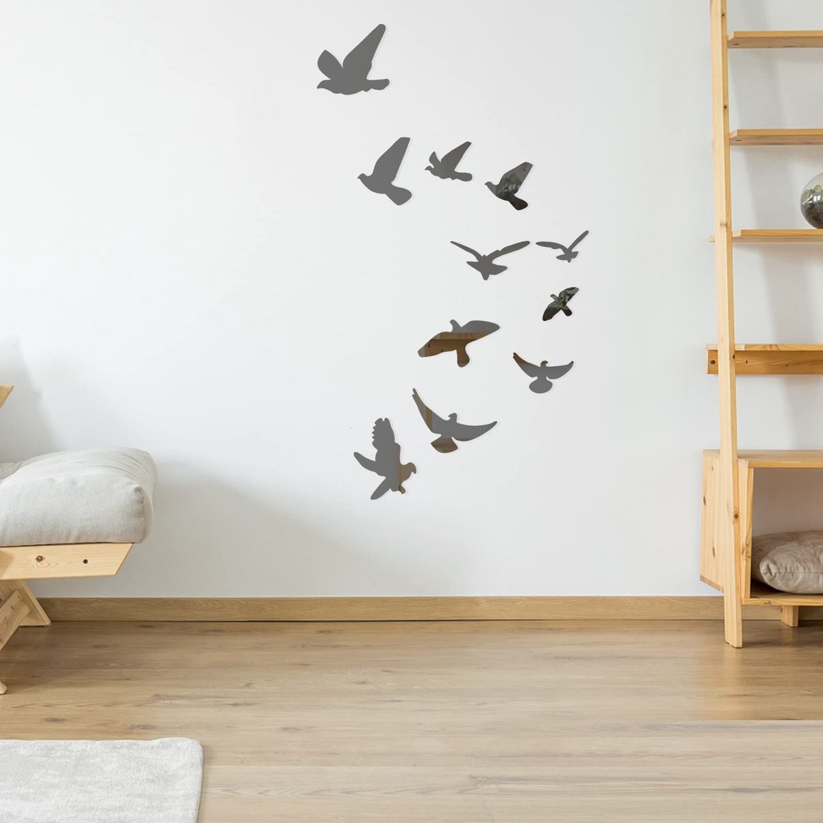 Dailygoods- Muursticker Vogelvorm - 3D Muurtattoo - Set van 11 Stuks - Spiegel Effect - Hygiënisch en Milieuvriendelijk - Decoratie voor Woonkamer/Slaapkamer