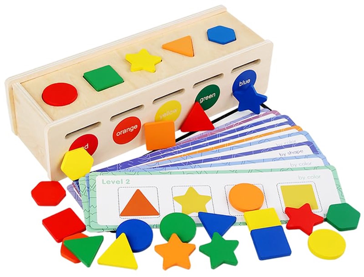 Houten sorteerdoos voor kinderen om kleuren en vormen te sorteren – educatief speelgoed dat de fijne motoriek, cognitieve vaardigheden en probleemoplossend vermogen ontwikkelt.