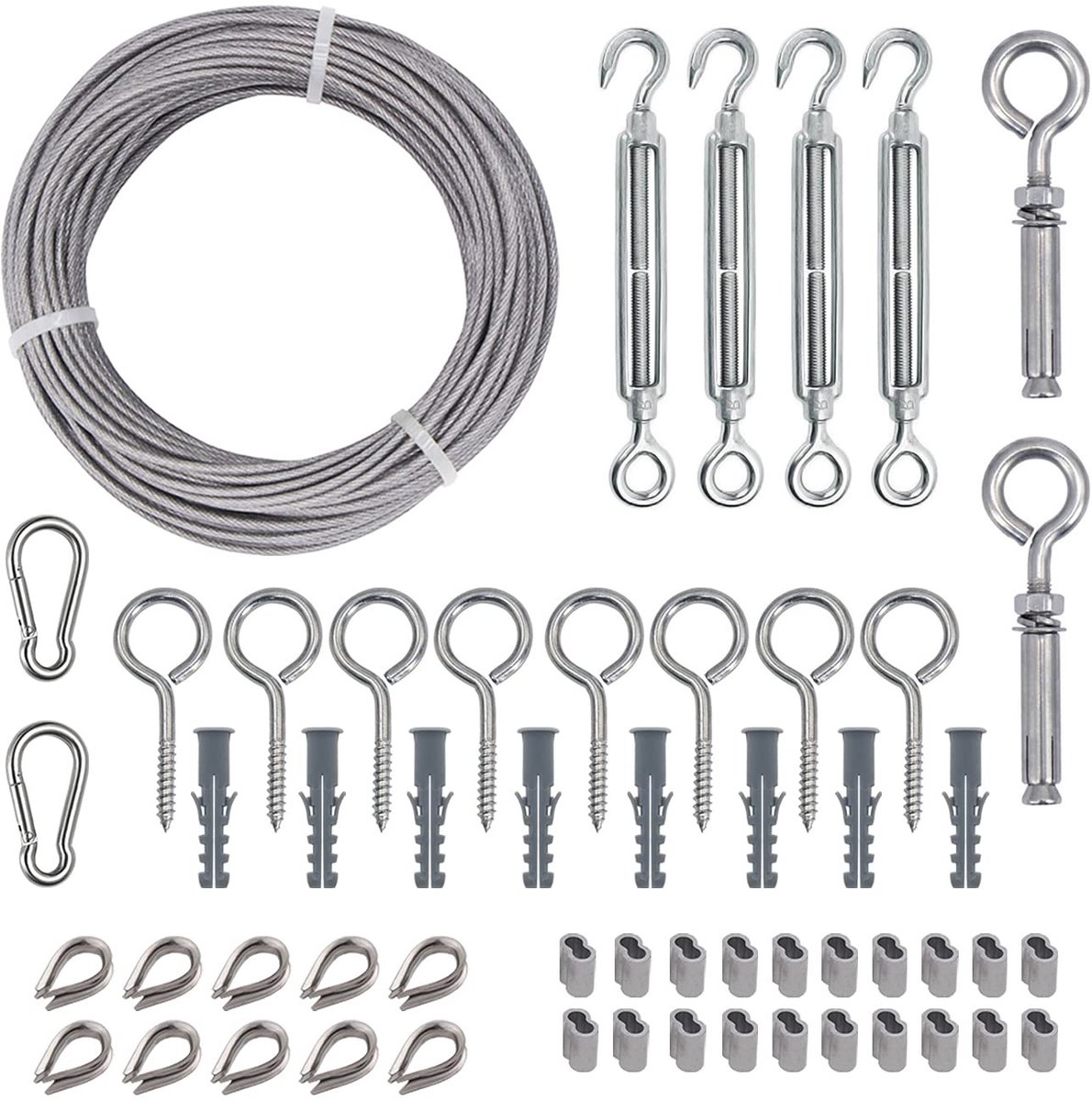 VLEMICO- Draadkabelset 30M - Roestvrij Stalen Kabel - Spanslot - Oogschroef - Karabijnhaak - PVC-omhuld - Tuinaccessoire - Staalkabel