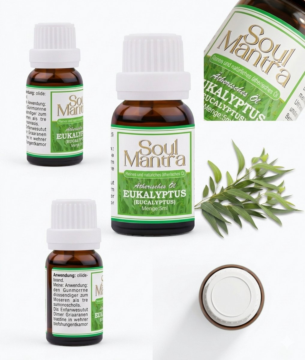 Soul Mantra Biologische Eucalyptus Etherische Olie voor Aromatherapie, Eucalyptus Luchtbevochtiger, Geurolie voor Aromadiffusers en ook voor een Gladde Huid, 5 ml. (5 ml) Met Kajal Sticker