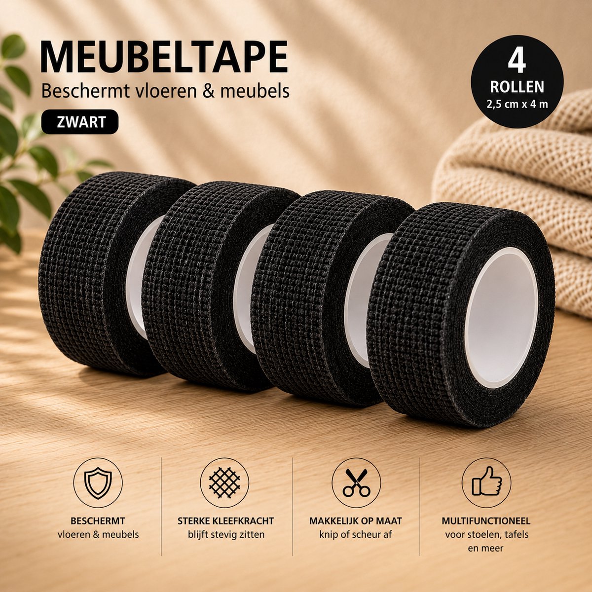 Meubeltape - Zwart - 2,5 cm x 4 m - 4 rollen