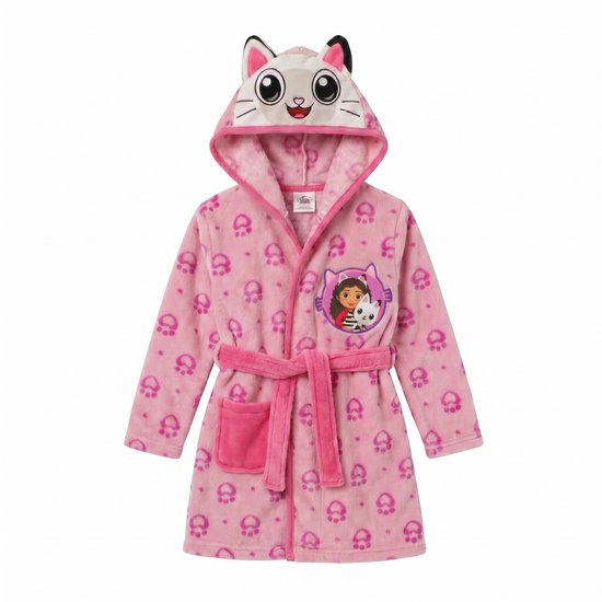 Roze fleece badjas met kattenkap, pootafdrukken en Gabby's Dollhouse-print.