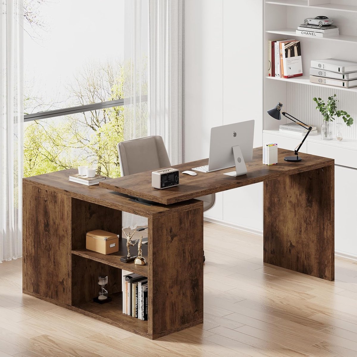 Hoekbureau L-vorm met Opbergruimte 140 x 50 x 76 cm – Omkeerbaar Computerbureau, Bureau met 5 Open Planken, Industriële Bureautafel voor Thuiswerkplek, Gaming Desk, Werkbureau, Rustiek Bruin – Mobili Bella