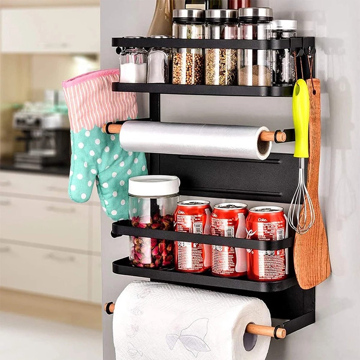 Dailygoods Magnetisch kruidenrek, 4-laags magnetische plank voor koelkast, koelkastorganizer met 2 papieren handdoekhoud